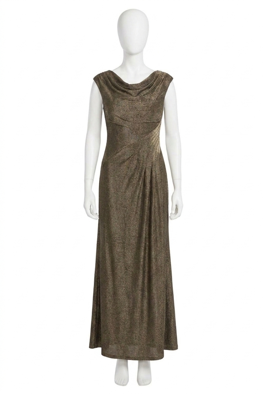 NEW MAGGY LONDON shannan metallic knit cowl neck gown in gold/black